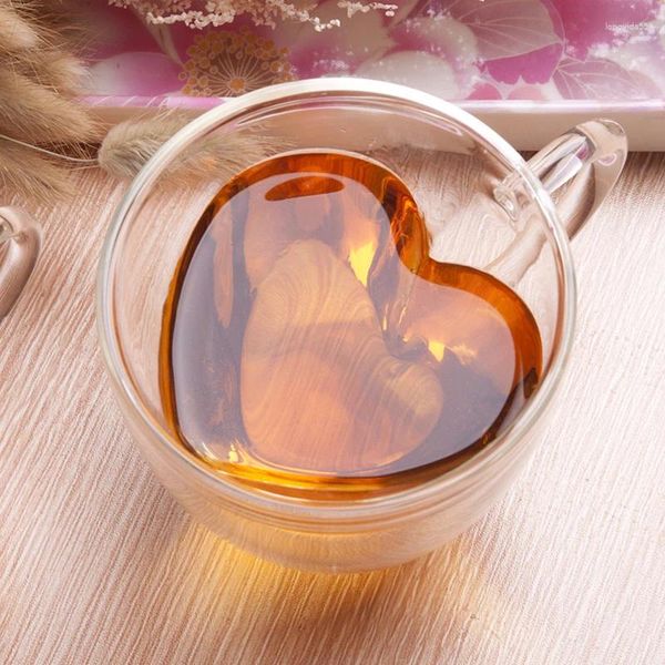 Canecas resistentes ao calor Creative Double Wall Glass Heart Formulário Caneca transparente suco de chá de chá de café Copo de água caseira