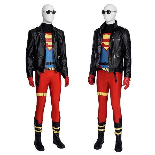 Hochwertiger Super Boy Conner Cosplay Kent Jumpsuit Lederjacke Schuhe Gläser Set Superheld Erwachsener Männer Halloween Partyanzug