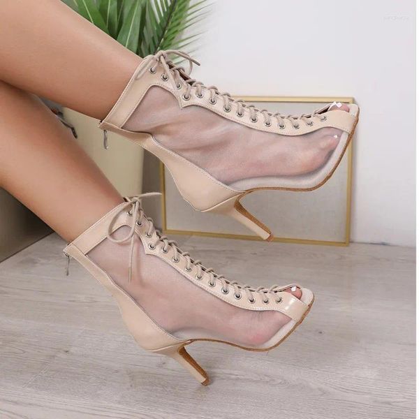 Tanzschuhe Frau Beige lateinische Booties Frauen Open Toiletto Bootie Soft Wildleder Sohle High Heels für Stiefel