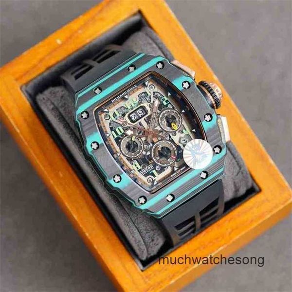 Richardmiler Luxus -Armbanduhr Automatic Chronograph Swiss Technology Highgrade gutaussehende Weinfass Tattoo Kohlefasermühlen Designer wasserdichtes Handgelenkwattwatc