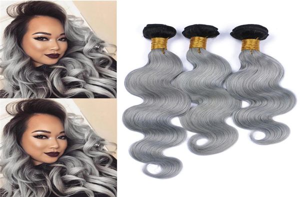 I capelli umani vergini brasiliani grigio da nero a argento intrecciano la radice scura 3pcs ondate a doppia trama ondulata 1b grigio bicolore capelli a due toni 6039781