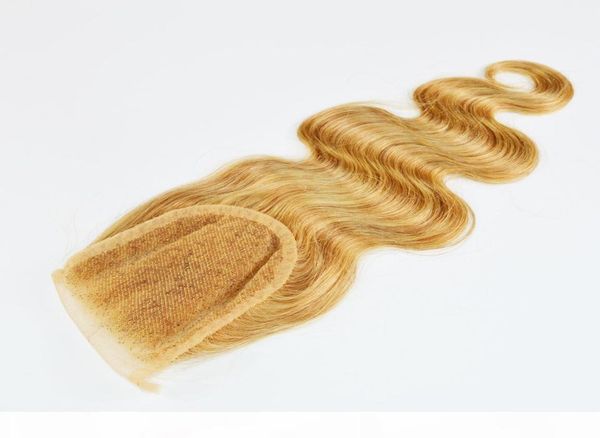 27 Honey Blonde Lace Fechamento Parte branqueada 35x4 Cabelo brasileiro onda de corpo loiro de fechamento de fechamento superior WEAVED6065799