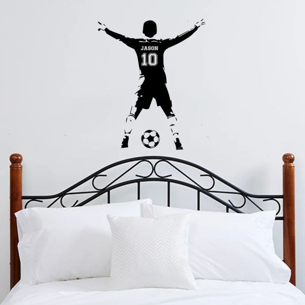 Decorazioni da parete da calcio, decalcomania da parete di nome personalizzato, vinile sportivo, adesivi da calcio, passione per ragazzi, arte della parete del goal, adesivi a parete, sala per bambini