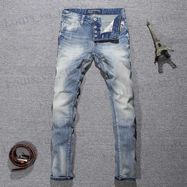 Herren Jeans Italienisch Stil Mode Männer Jeans Retro Hellblau Elastizität Slim Fit Ripped Jeans Männer Knöpfe Hosen Vintage Designer Denimhose T240409