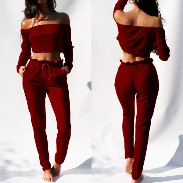 Ev Giyim Kadın Giysileri Set Kırmızı Uzun Kollu Mahsul Üst Bluz Kapalı Omuz Gömlek Pantolon Taytlar Pantolon Pijama Kıyafet 2 PCS