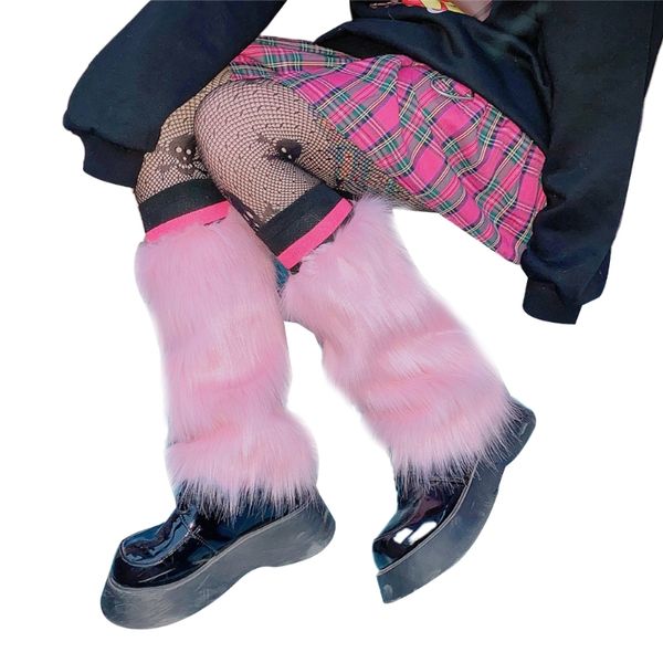 Frauen Winter pelzige Beinwärmer Strümpfe Harajuku Gothic Warm Leggings Boots Manschetten Vintage Pink Faux Fell Lange Kalbsocken