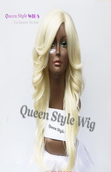 Wigre sexy Wigs Pastello Bionda Bionda lunghe ondulate Eversion ricci Curly Wigque Fringe Acconciatura parrucca sintetica Bionda pallida Bionda Wig3913181