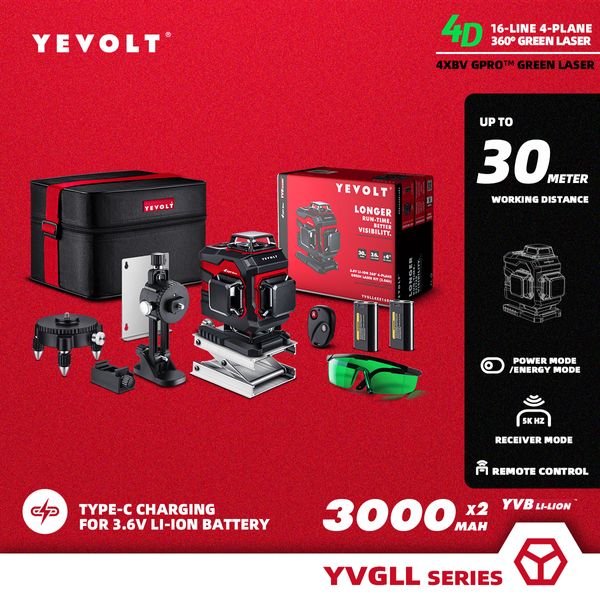 YVGLL4XS16B2DP Kit de nível de laser de feixe verde de 4 planos 4D 16-line 360 3,6V 3000mAh Autonismo de bateria Medição Ferramentas elétricas