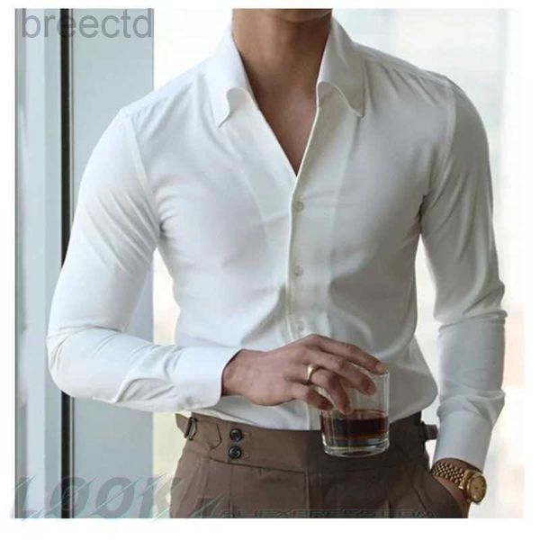 Erkekler Sıradan Gömlekler Erkek İtalyan yakalı gömlek kırışıksız gündelik moda ince uyumlu bir yaka tasarımı markalı giyim gençliği yeni 240409