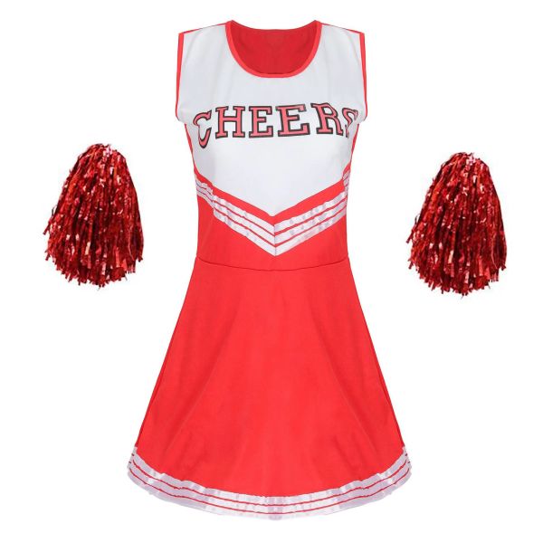 Cheerleader -Bühnenperformance Rotes Kleid+Pompoms Cheerleading Kostüme Erwachsene High School Jubel Uniform Girl Dancing Show