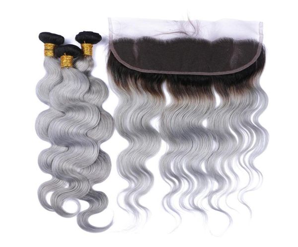 Dunkle Wurzel 1Bgrey Ombre Brazilianisches menschliches Haar webt die Körperwelle mit 13x4 Voller Spitze Frontalverschluss Ombre Silbergrau Haar 37512901