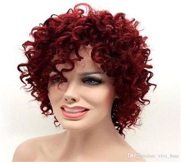 Saç Modeli Afro Kinky Kıvırcık Kısa Peruk Siyah Kadınlar İçin Kısa Peruk 15 inç Şarap Kırmızı Sentetik Saç Pelucas Perruque Afro Per110797