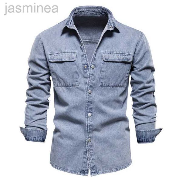 Erkekler sıradan gömlekler erkek denim gömlek ceketleri erkek açık mavi gündelik moda denim ceket kot ceket adam sokak kıyafeti uzun kollu gömlekler boyutu xxl 2449
