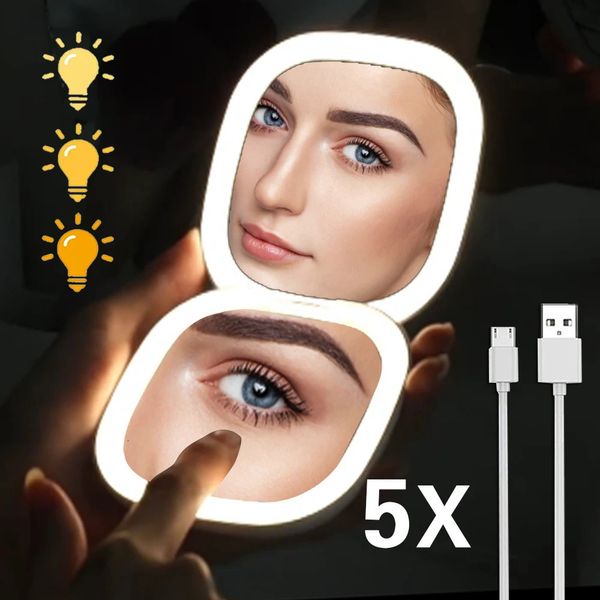 Tragbare LED -Make -up -Spiegel mit Lichtern faltbar kompaktes Grossissant 5x Mini Taschenreisen kleine Hand rosa schwarzer Waschtisch Spiegel 240409