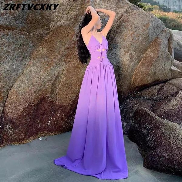 Abiti casual 2024 Summer Purple Solid Color Lace Up Women Sexy Hollow Out Sload Sand Holidays Party Maxi Long Dress