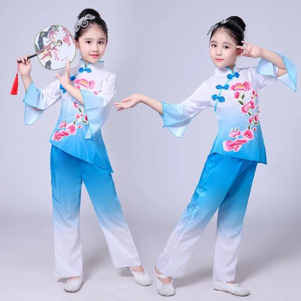 Klassische Tanzkostüme chinesischer Stil Yangko traditioneller chinesischer Volkstanz Dance Wear Girls Elegante Fan -Regenschirm -Übung Tanz