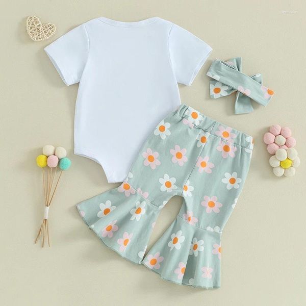 Kleidungssets Baby Girls Sommer 3pcs weißer kurzärmeler Strampler Tops Blumendruck ausgestaute Hosen Stirnband