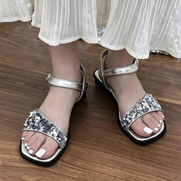 Sandalen Sommer Frauen Bling Flats Square Toe Pantoffeln Sportschuhe 2024 Open Outdoor Flip Flops Trend Slingback Femme Objektträger