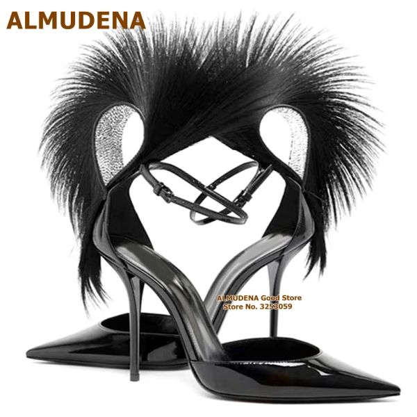 Stivali Almudena Black Big Big Feather Punta Scarpe al tallone alto Punta Bright in pelle STLETTOS DREST FRINGE DREST SEME