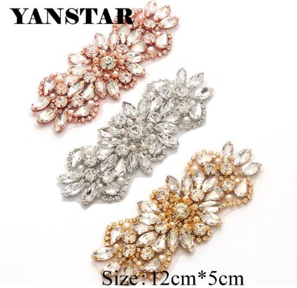 YANSTAR 5PCS Ganz 125 cm klarer Roségoldkristall -Strass -Applikationen Patch für Hochzeitskleidergürtel YS8475190525