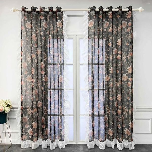 Cortina francesa Vintage Voile Translúcido Cortes de Voile Padrão de Flor Filtragem de Luz de Janelas Decoração para Varanda de Quarto Drapery Sheer