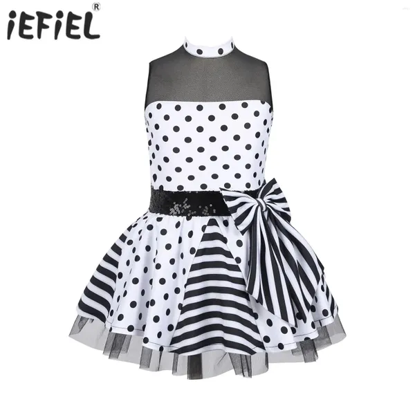 Base Wear Kids Girls Gymnastics Leotard jazz jazz balletto latino abito round collare pois con sequenza di mesh mesh bowknot in vita da ballo in vita Bowknot