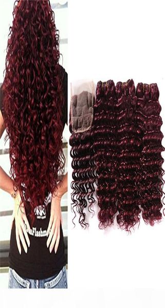 Borgonha de encerramento de renda onda profunda o cabelo humano brasileiro vermelho cru cru profunda onda oceânica 99j Extensão de cabelo weave feixes ondulados com2038037