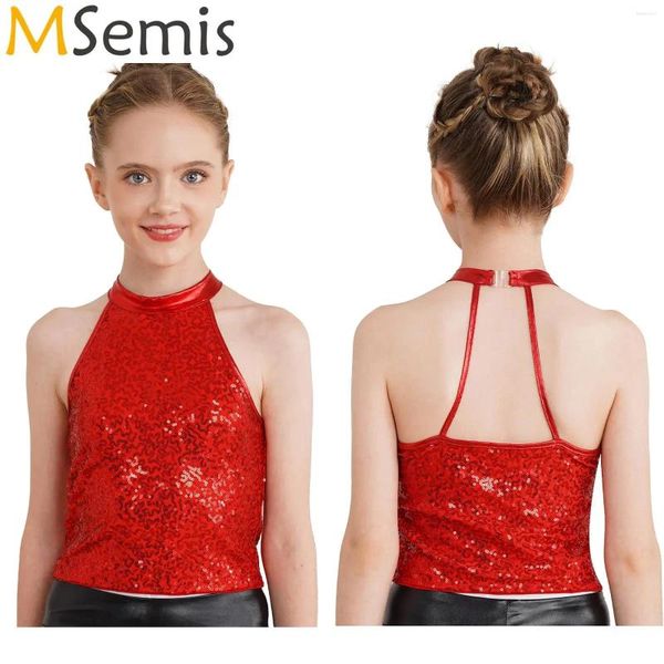 BASE Wear Kids Girls Girls Halter Crop Top Shiny Cheerleading Jazz Latin Dance Tops senza maniche per esibizione