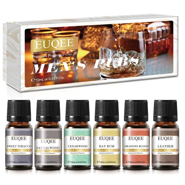 EUQEE 6PCS-Duftöle für Männer, Geschenkset für Männer Pubs 10 ml Leder, Drachenblut, Sandelholz, Bay Rum, Cedarwood für Kerzenherstellung