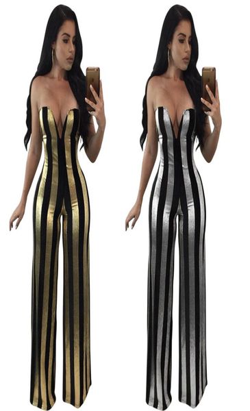 NEUE Women039s Schwarz gestreift trägerloser Overalls Gold Silber Deep Vneck Weitbein Pantel Club Party Cocktail Langer Druck Jumpsuit8478673