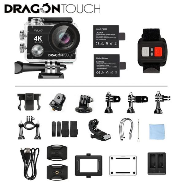 Kameralar Dragon Touch 4K Action Camera 16MP Görme 3 Sualtı Su Geçirmez Kamera 170 ° Geniş Açılı WiFi Sports Cam Uzaktan