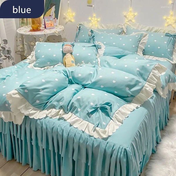 Bedding Desenta pura colorida poliéster princesa sala de menina azul conjunto único/duplo cover de capa de capa de camada de saia têxtil caseira