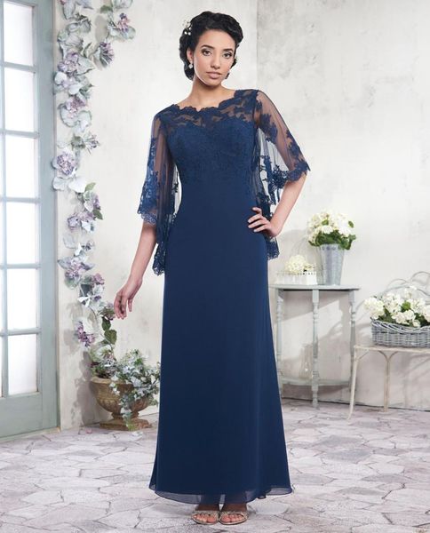 Marineblaue Mutter der Brautkleider Chiffon Eine Linie bodenlange lange Abendkleid -Abschlusskleider eleganter Stil Tüll mit Applikat 3553153