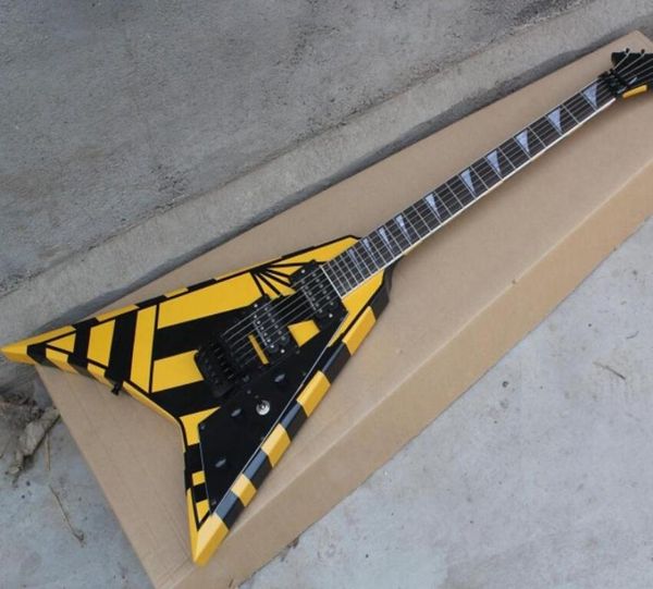 Shop personalizzato Michael Sweet Flying V Stryper Signature Black Yellow Stripe Guital Guital Floyd Rose Tremolo Black Hardware2347549