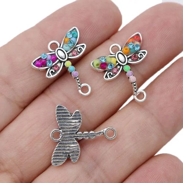 Conector de charme de cristal dragonfly de 10pcs de prata para fabricar BRACELET DIY ACEITORES ACESSÓRIOS DE JOIXAS ARFANTE MADENTA