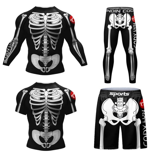 New Skull Rashguard Jiu Jitsu T-shirt+calça shorts MMA 4pcs/set brasilian luta BJJ Boxing Jerseys Rash Guard Sport Clothing