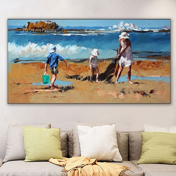 Женщина и дети, играющие на пляже, рисовать пляжная пляжная ручная картина маслом картинка современное искусство настенных пейзажей для дома для дома