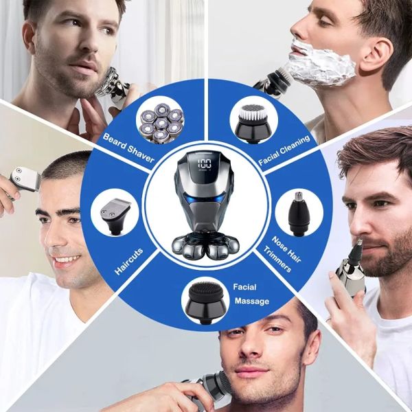 Réus de cabeça 7D para homens carecas, barbear elétrica anti-pinça para homens, kit de higiene 5 em 1 com aparador de cabelo no nariz, aparador de barba