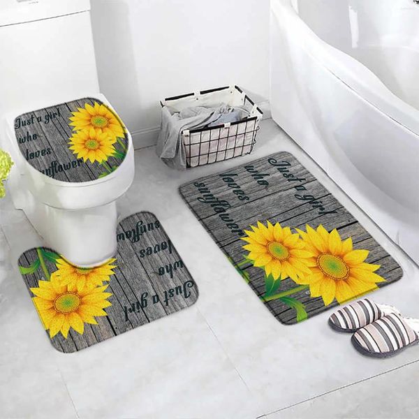 Badmatten Holzbrett Blumenmatte Retro rustikales Sonnenblumendekoration Anti-Schlupfboden Teppiche Toilette Deckel U-förmiges Badezimmerzubehör Sets Sets
