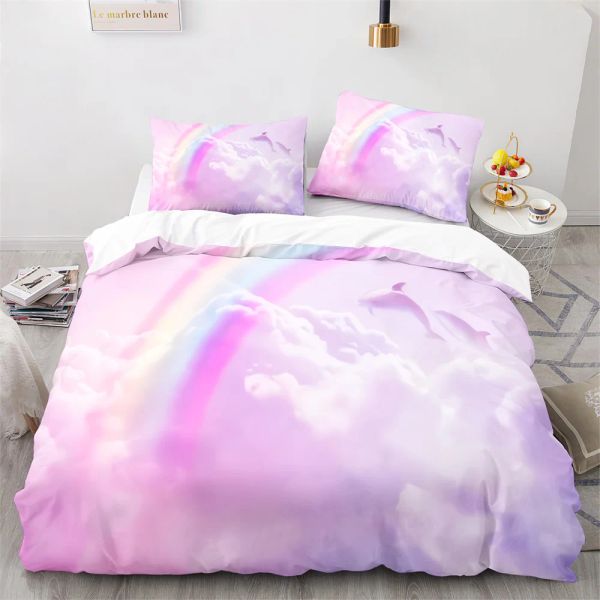 Rainbow Piumini Copertina set colorato Rainbow White Cloud Pattern Cute Kawaii Polyforter Cover King Queen Size for Girls