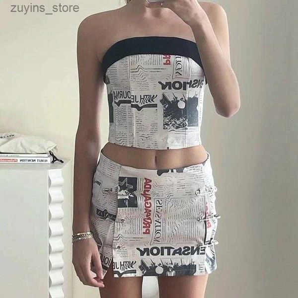 Frauen Badebekleidung Badebekleidung Mode ärmellose Zeitung Print kurzer Rockanzug eleganter schicker Tube Rückenless Top Frauen schlank hoher Taille Pin Kurzrock L49