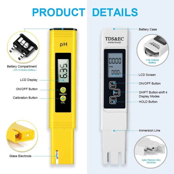 TDS METER Digital Water Tester Accuratezza ad alta precisione Digitale 0-14 Tester PH METER 0-9990 ppm TDSEC LCD PURITÀ ACQUA PPM FILTRO ACQUARIO