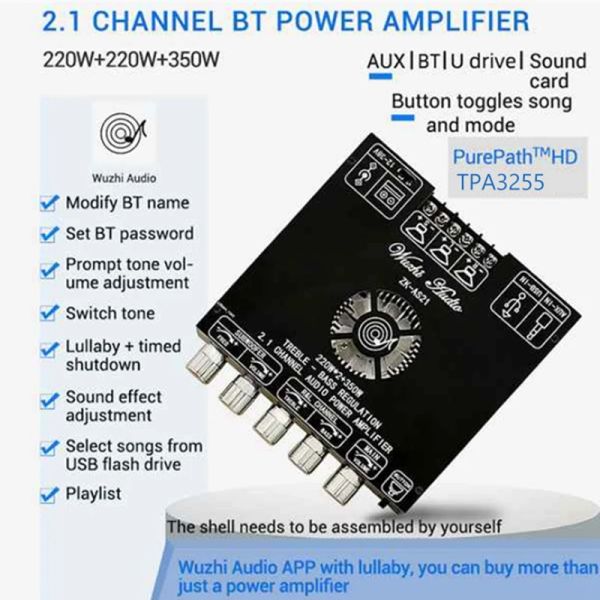 Amplificatore ZKAS21 Digital Bluetooth Audio Amplificatore Subwoofer 220WX2+350W 2.1Channel TPA3255 Modulo di amplificatore di potenza audio