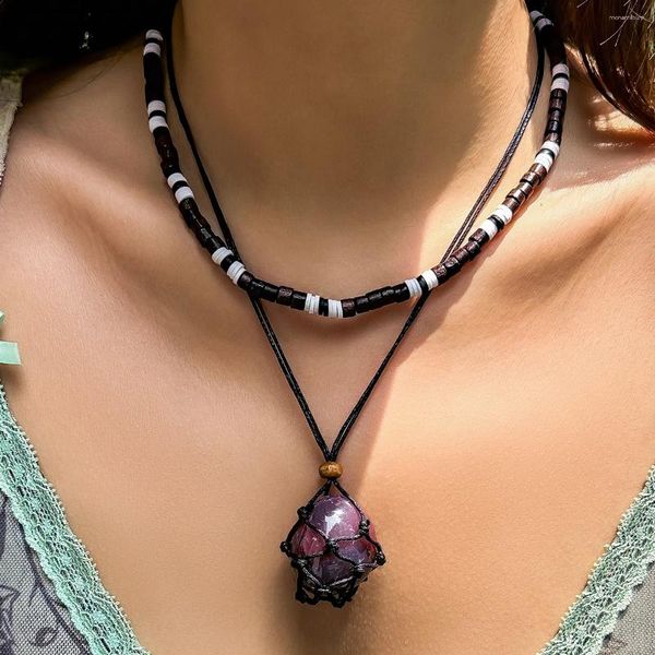 Collane a sospensione perle in legno etnico catena collana di girocollo in pietra irregolare per donne accessori per gioielli a corda regolabile vintage
