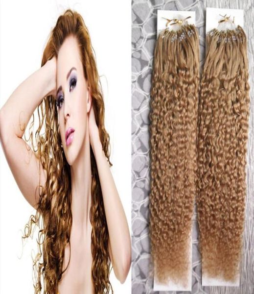 Бразильские извращенные вьющиеся микро -петля Кольцо Связано наращивание человеческих волос Коричневые блондинка Реми волосы 200 Гс.