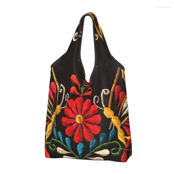 Stume di stoccaggio carine farfalle messicane e una borsa per lo shopping di fiori rossi portatile colorato tradizionale shopping shopper