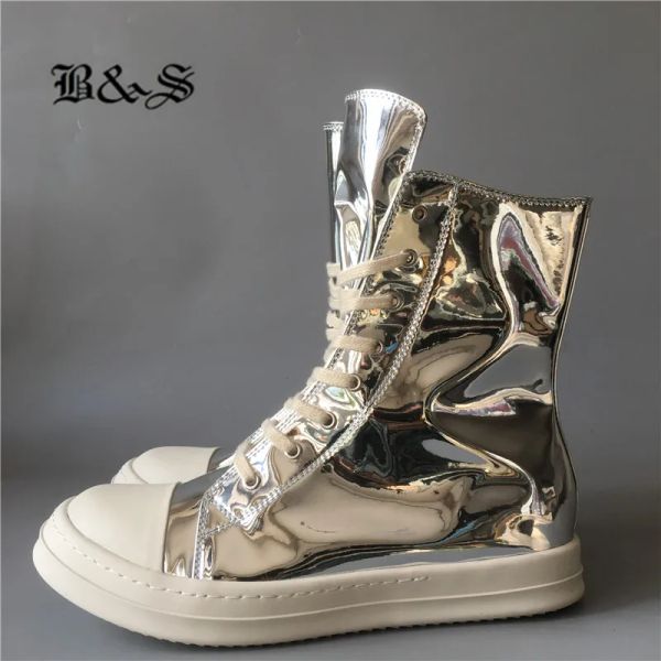 Botas Black Street Patente Leather High Top Hip Hop qaulity treinador de tênis botas de lazer Novo