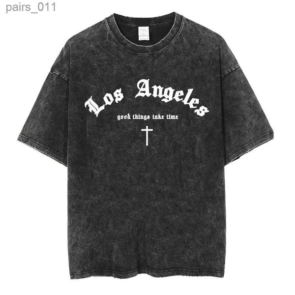 Camicie casual maschile retrò t-shirt los angeles estate in cotone lavaggio brooklyn lettere stampare manica corta unisex un modello di coda notturno originale yq240409