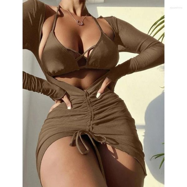 Kadın Mayo 3pcs Kadın Bikinis İnce Plaj Giyim Seti Seksi Mayo Kapağı Küçük Göğüs Şaka Toplanan Yüzme Maması Takım