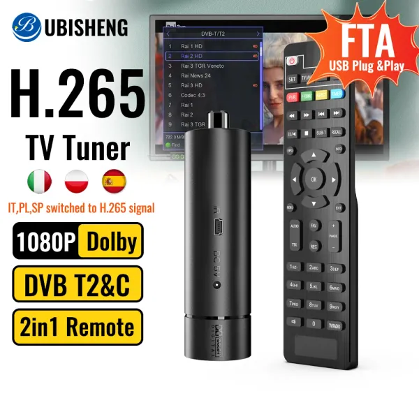 Box Ubisheng H265 DVBT2/DVB C TV Декодер HEVC 10 -битный Dolby HD TV Tuner T2 Цифровой наземный трассе PVR WiFi 2IN1Remote TV Box